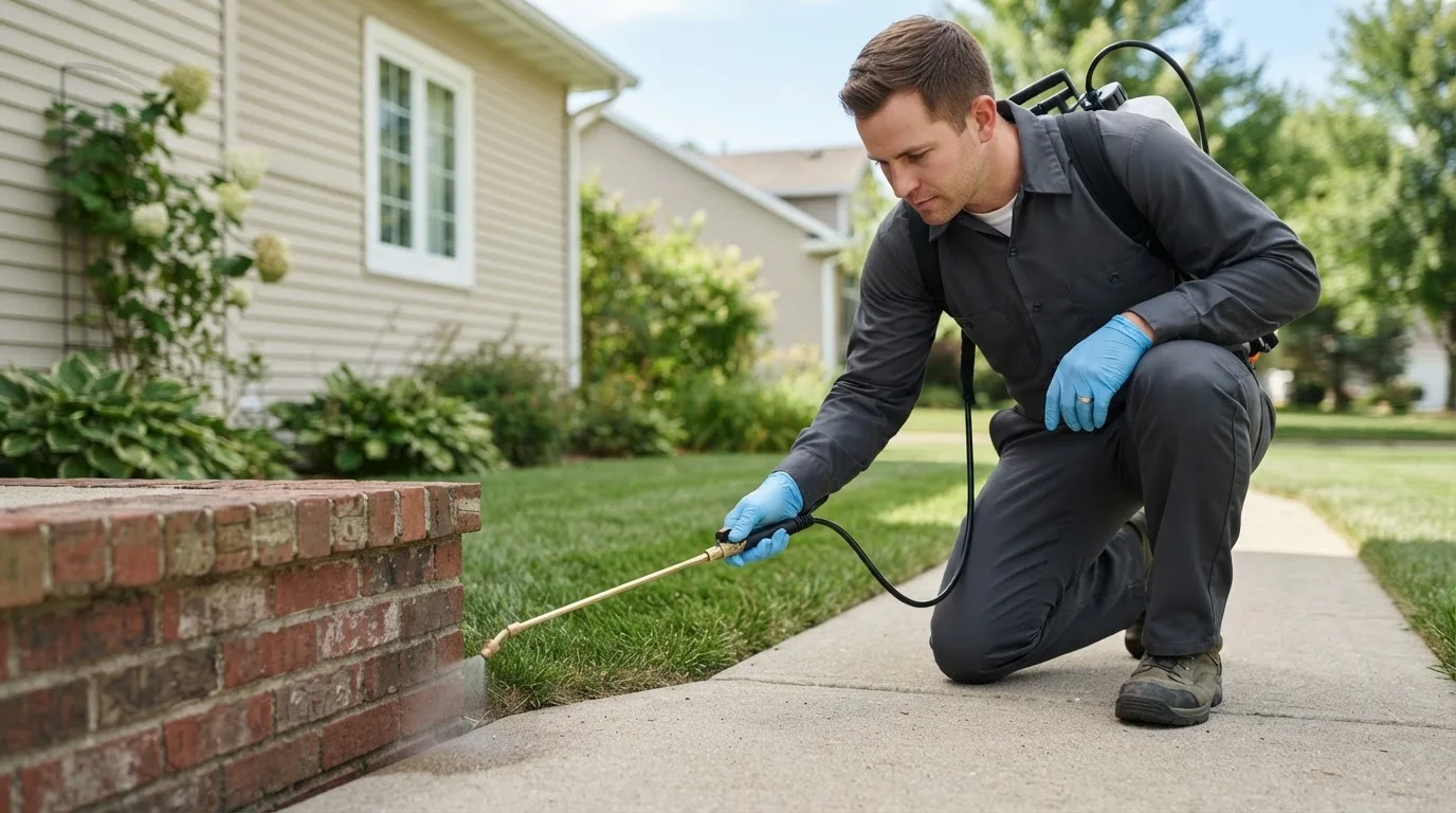 Pest control technician treating a home near Grandview, IA