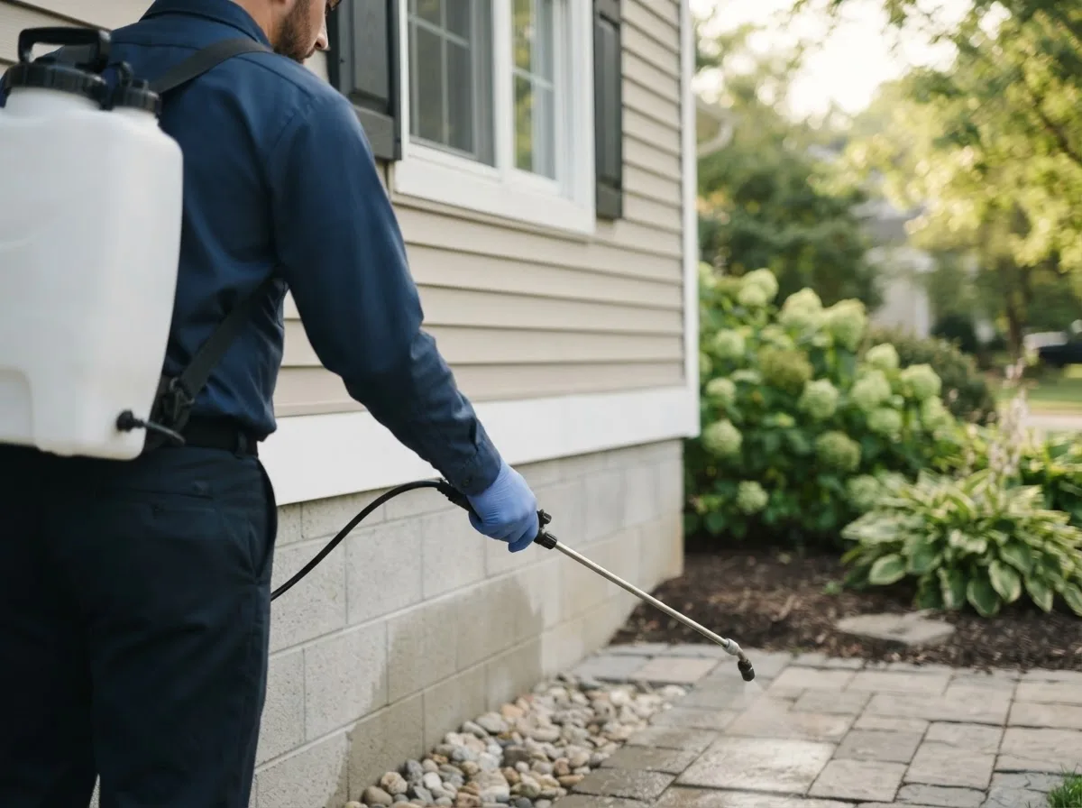 Pest control technician inspecting a home in Grandview, IA